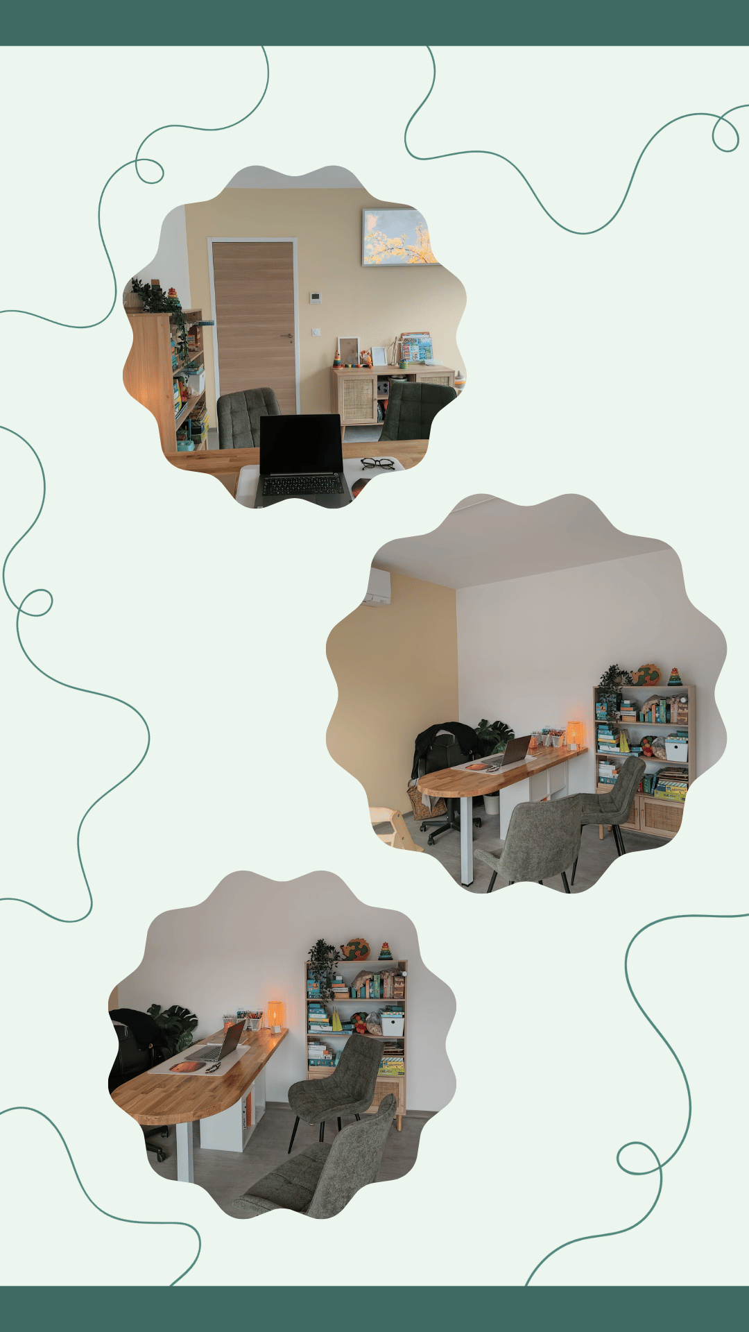 Vue générale du cabinet de Lesly Roca, psychomotricienne diplômée d’État à La Garde, dans un environnement calme et lumineux propice à la détente et au travail psychocorporel.